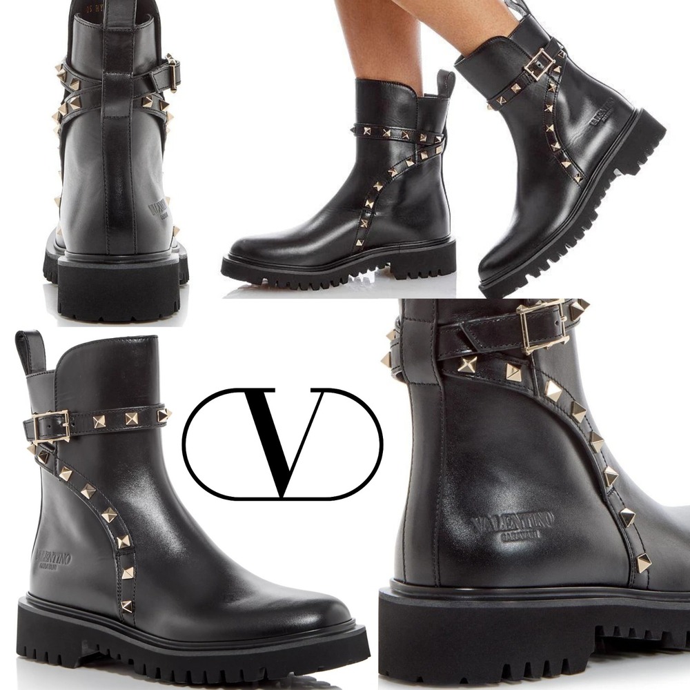 NIB‎ $1550 Valentino Garavani [ 40 ] Rocksud Embellished Buckle Booties in Black